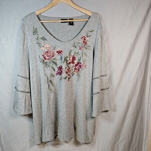 Sara Studio Women Gray 3/4 Length Sleeve T-Shirt Size XL Flowers Floral Top